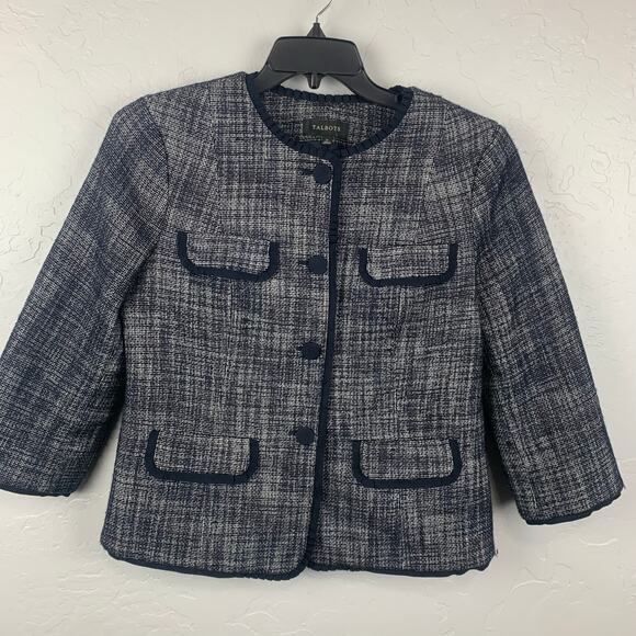Talbots Tweed Lady Jacket Womens Size 12 Navy Blue Lined Old Money Preppy - Picture 1 of 7